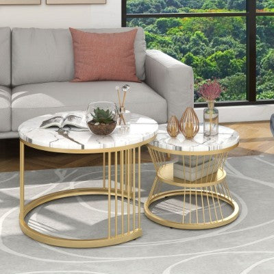 UK Local Round Coffee Tables, Removable Set Of 2 End Table, Nesting Tables With Gold Metal Frame Legs And Marble Pattern Top For Living Room, Bedroom, Office, Balcony, Apartment