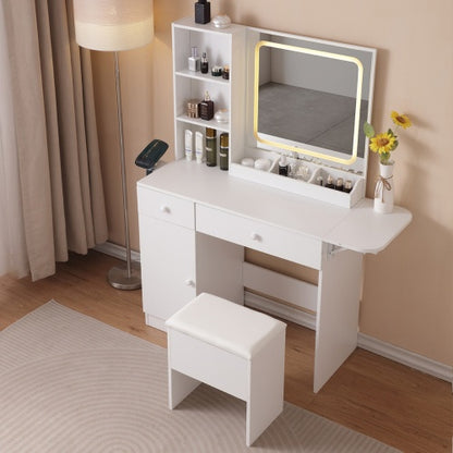 US Local Vanity Desk With Lighted Mirror & Power Outlet, Makeup Vanity Desk With Drawers And Large Storage Cabinet For Bedroom, 3 Lighting Modes Adjustable Brightness, Storage Stool, White