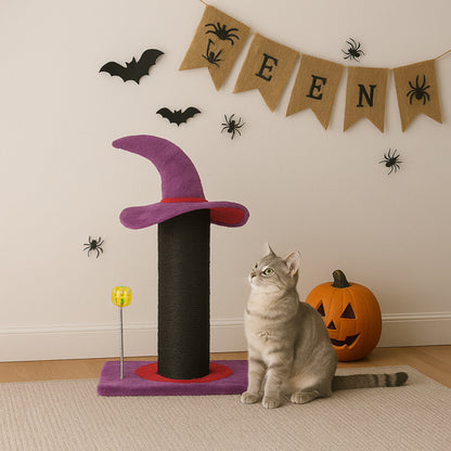 US Local Wizard Hat Cat Scratching Post With Spring Ball Toy For Indoor Cats, Halloween Spooky Cat Scratcher, Purple