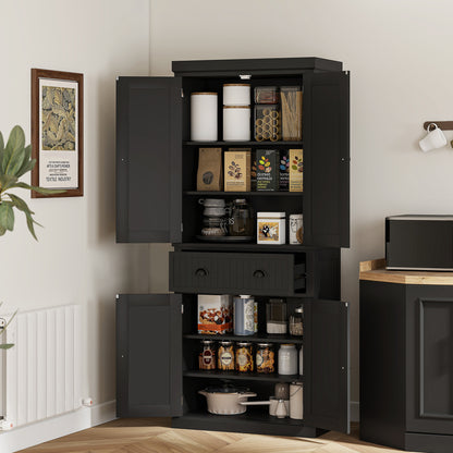 US Local 72 Kitchen Pantry Storage Cabinet, Cupboard With 4 Doors And 3 Adjustable Shelves, Large Central Drawer, Black