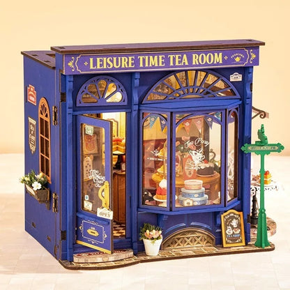US Local ROBOTIME DIY Miniature Dollhouse Kit - Tea Room With LED Lights And Furniture, Wooden Model Building Set For Adults And Kids, Creative Gift For Leisure Time