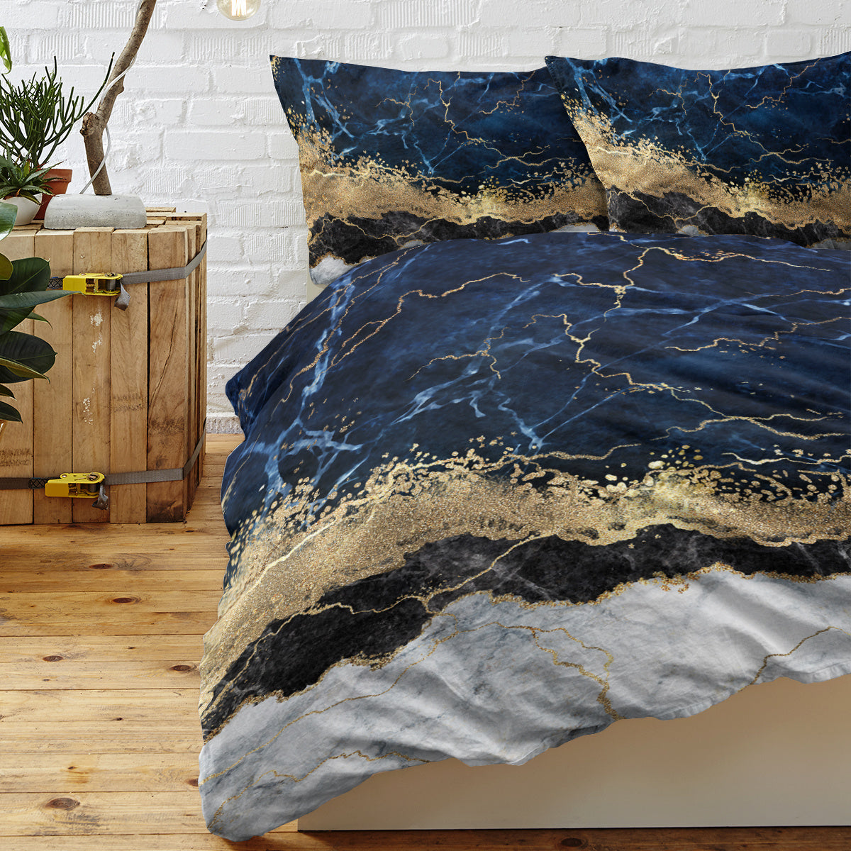 US & UK Local Chic Marble Bedding White Marble Gilded Navy Blue Duvet Cover Set Trendy Printed Design Bed Quilt Cover Set King 1 Duvet Cover 2 Pillowcases