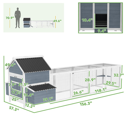 US Local 156 Extra Large Wooden Chicken Coop With 2 Nesting Box, Run Cage, Waterproof Wave Roof, For 10-15 Chickens, Light Gray