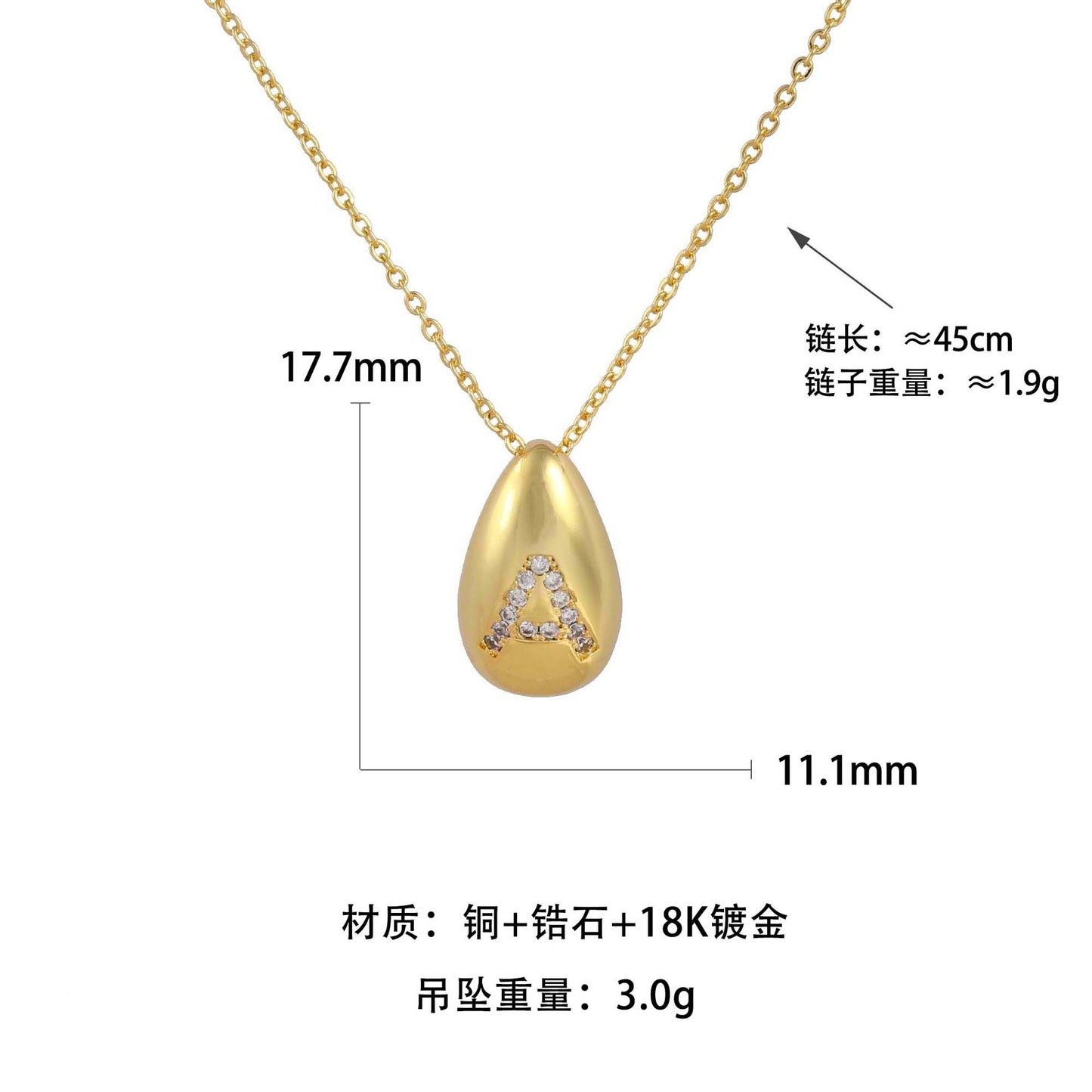 Glossy Water Drop 26 English Letter Pendant Copper-plated Gold Simple Pendant Female