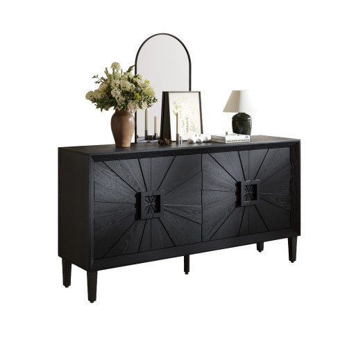 US Local 60'' Premium Rustic American Farmhouse Credenza - Symmetrical Sunburst Door Design, Heavy-Duty Antique Wood TV Stand With Adjustable Shelves, Storage Cabinet For Living Room Kitchen  Antique Natural