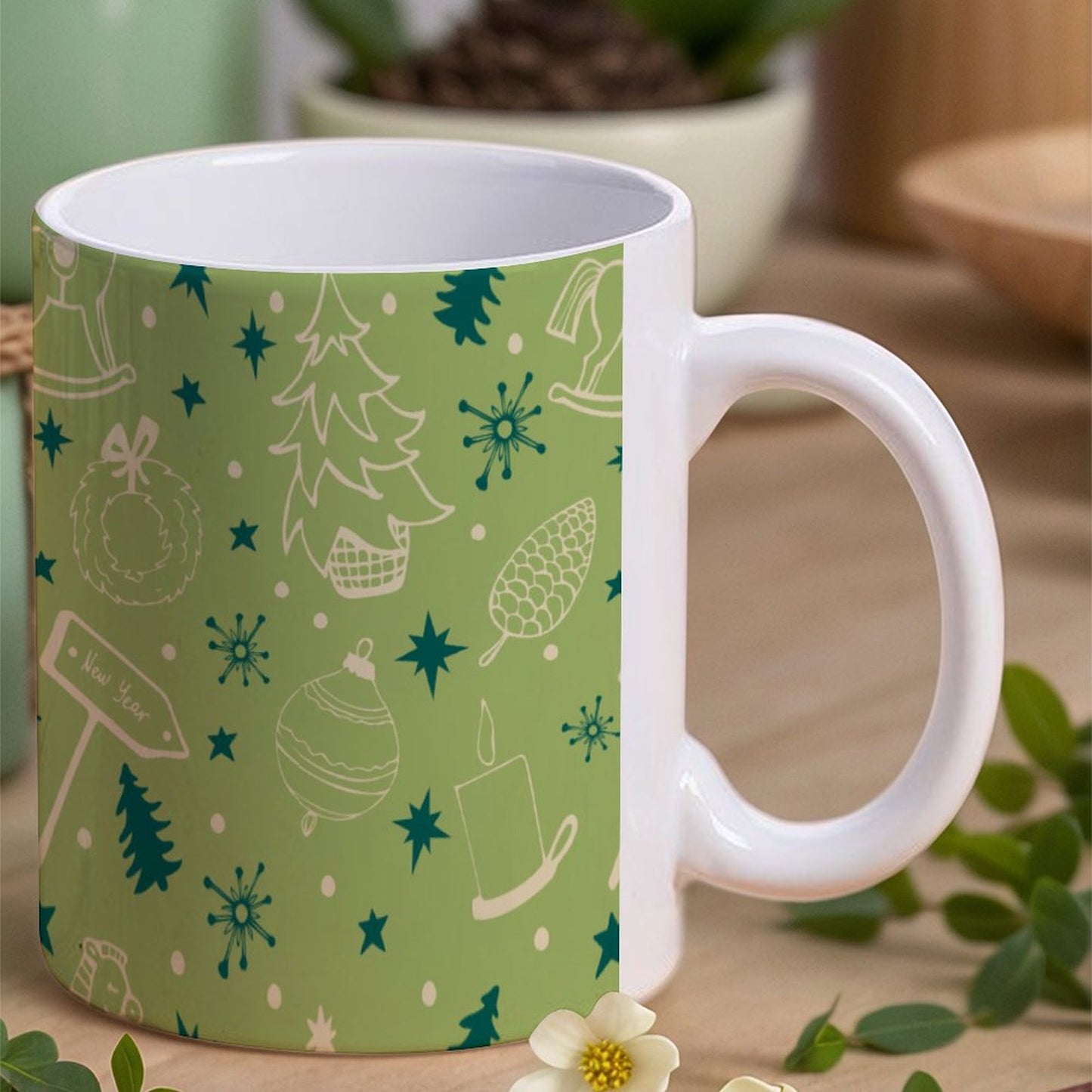 POD US Local White mug with full print, Christmas Trees, New Year, Trojans, Pinecones 0084