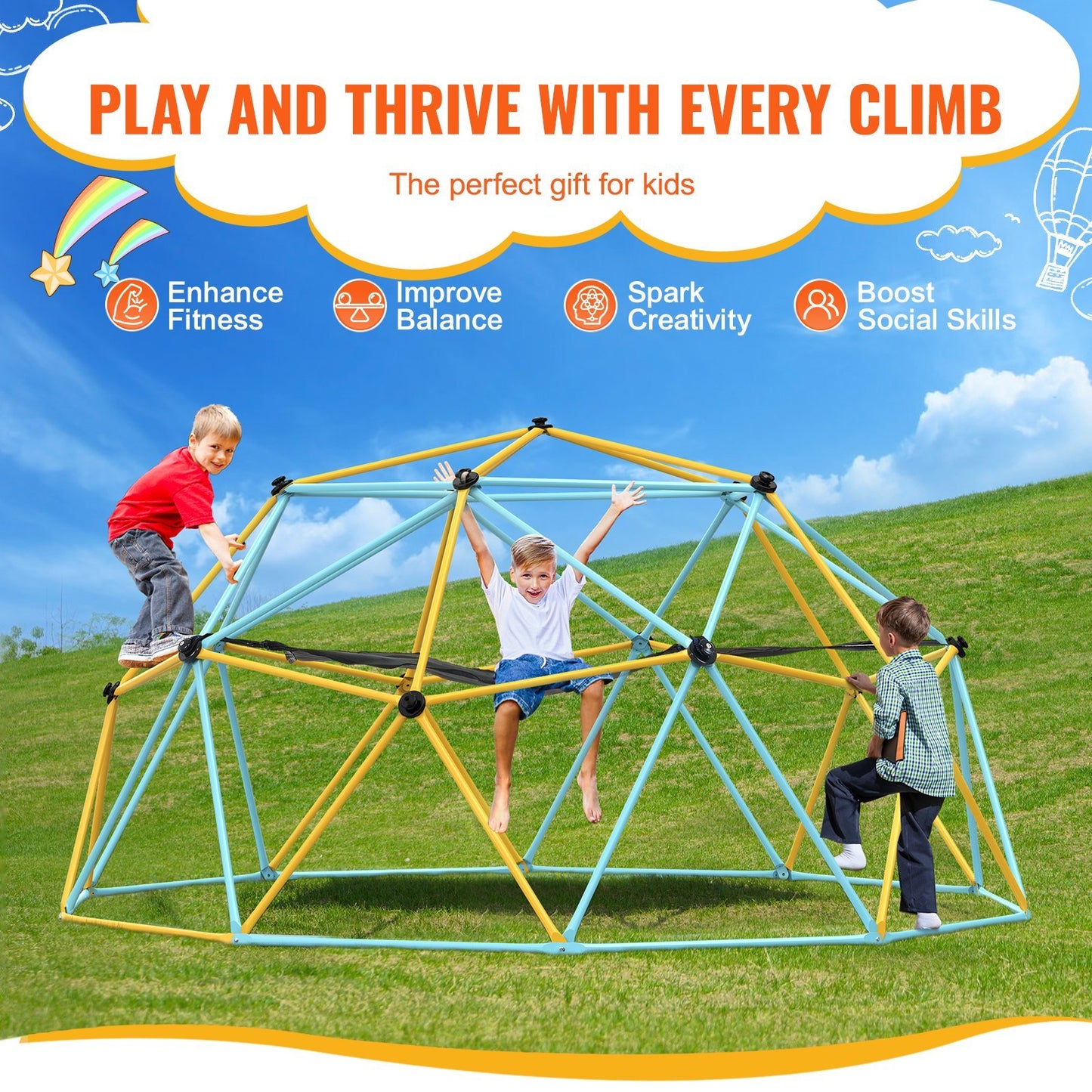 US Local Climbing Dome, For Kids 3 To 10 Years Old,10FT Geometric Dome Climber With Hammock And Swing, Jungle Gym Supports 750LBS And Easy Assembly, With Climbing Grip, Outdoor Backyard Play Equipment