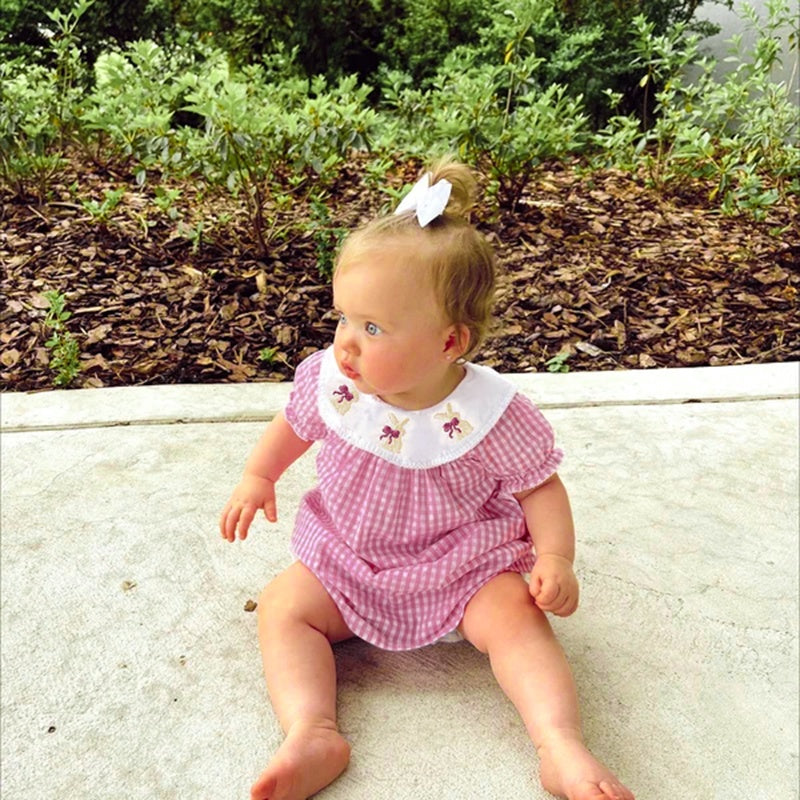 US Local Infant Bbay Girls' Plaid Smocked Dress Short Sleeve Easter Bunny Rabbit Embroidery Casual Fashion Clothes