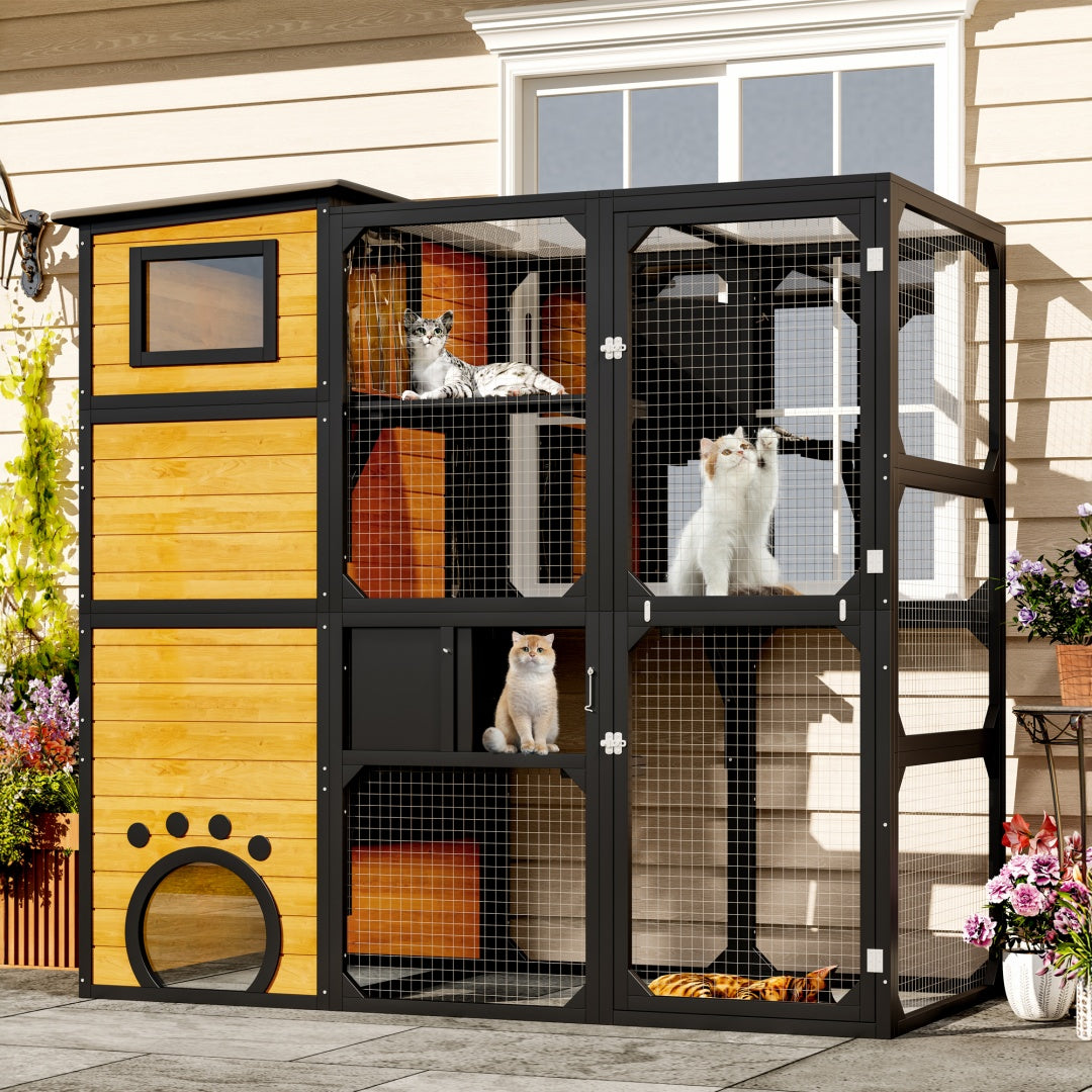 US Local GO Large Cat Catio 4 Tiers Cat Enclosure For Outdoor, Cat House Weatherproof Attached To Window For Multiple Cats With Platforms And Resting Rooms, Brown