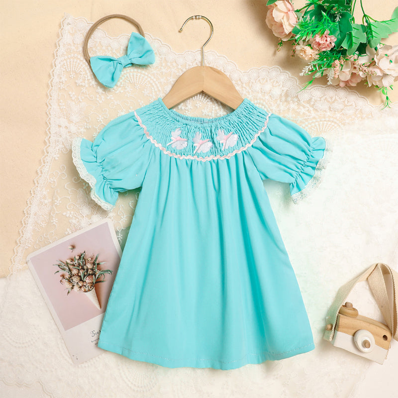 US Local Toddler Girl's Bunny Dress Bow Headband Ruffle Sleeve Smocked Dress With Rabbit Embroidery For Summer