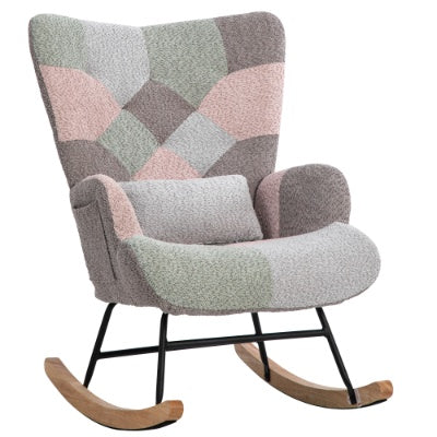 UK Local Rocking Chair, Fabric Relaxing Chair Wingback Accent Chair With Solid Wood Legs, Accent Armchair With Ottoman Single Sofa, Chair With Footstool And Pillow For Home Living Room Bedroom, Multicolour