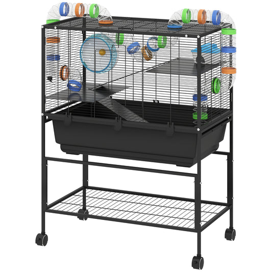 US Local 3 Tier Hamster Cage, Rolling Rat Cage With Deep Tray, Storage Shelf, Big Exercise Wheel, Hut, Tube System