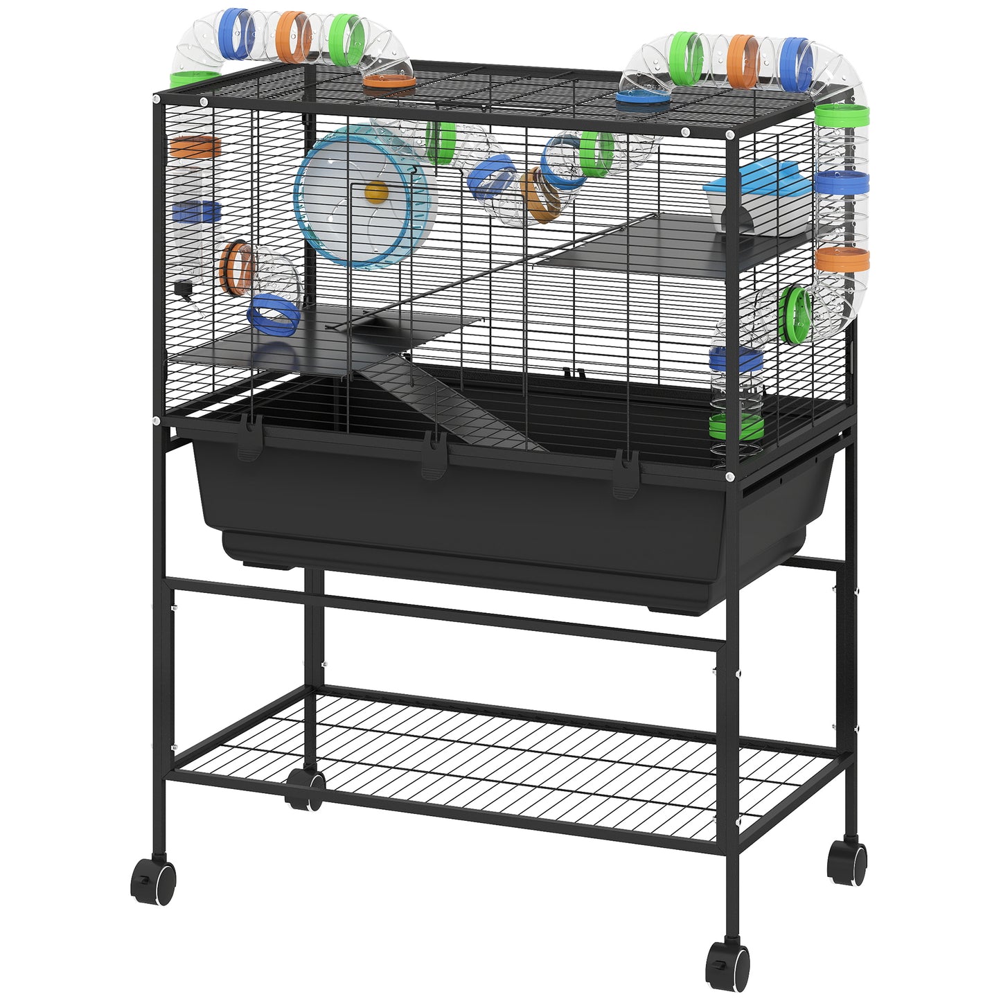 US Local 3 Tier Hamster Cage, Rolling Rat Cage With Deep Tray, Storage Shelf, Big Exercise Wheel, Hut, Tube System