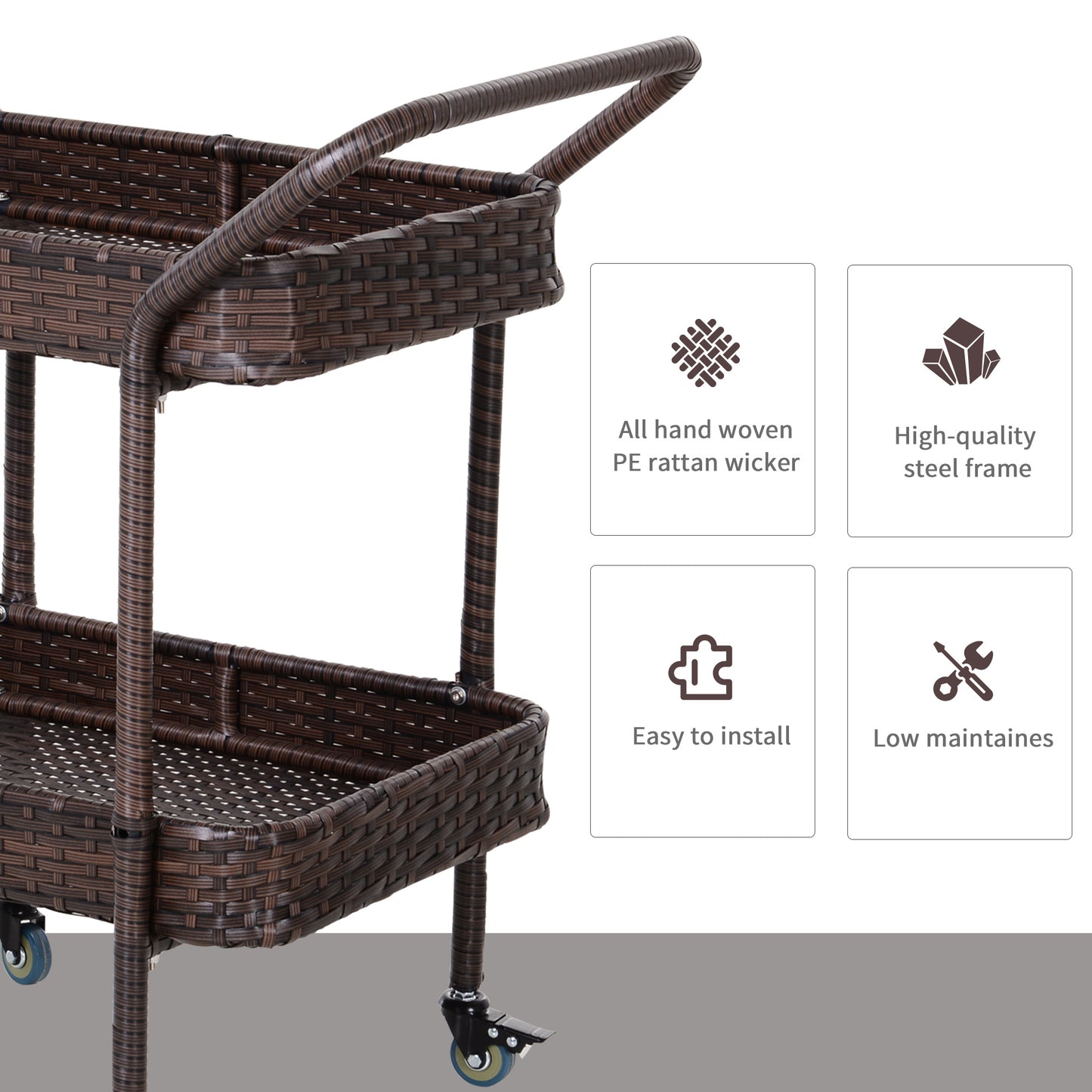 US Local Rattan Wicker Outdoor Kitchen Trolley, Rolling Serving Cart With 2 Tray Shelves, Brown