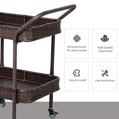 US Local Rattan Wicker Outdoor Kitchen Trolley, Rolling Serving Cart With 2 Tray Shelves, Brown