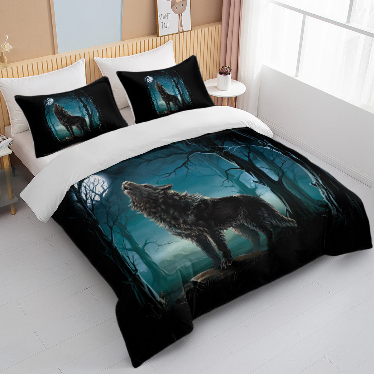 US Local Moon Wolf Bedding Green Watercolor Forest Wolf Landscape Duvet Cover Sets 3 Pieces Wild Animal Bedding Set Twin Full Queen King Size