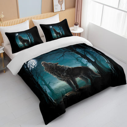 US Local Moon Wolf Bedding Green Watercolor Forest Wolf Landscape Duvet Cover Sets 3 Pieces Wild Animal Bedding Set Twin Full Queen King Size