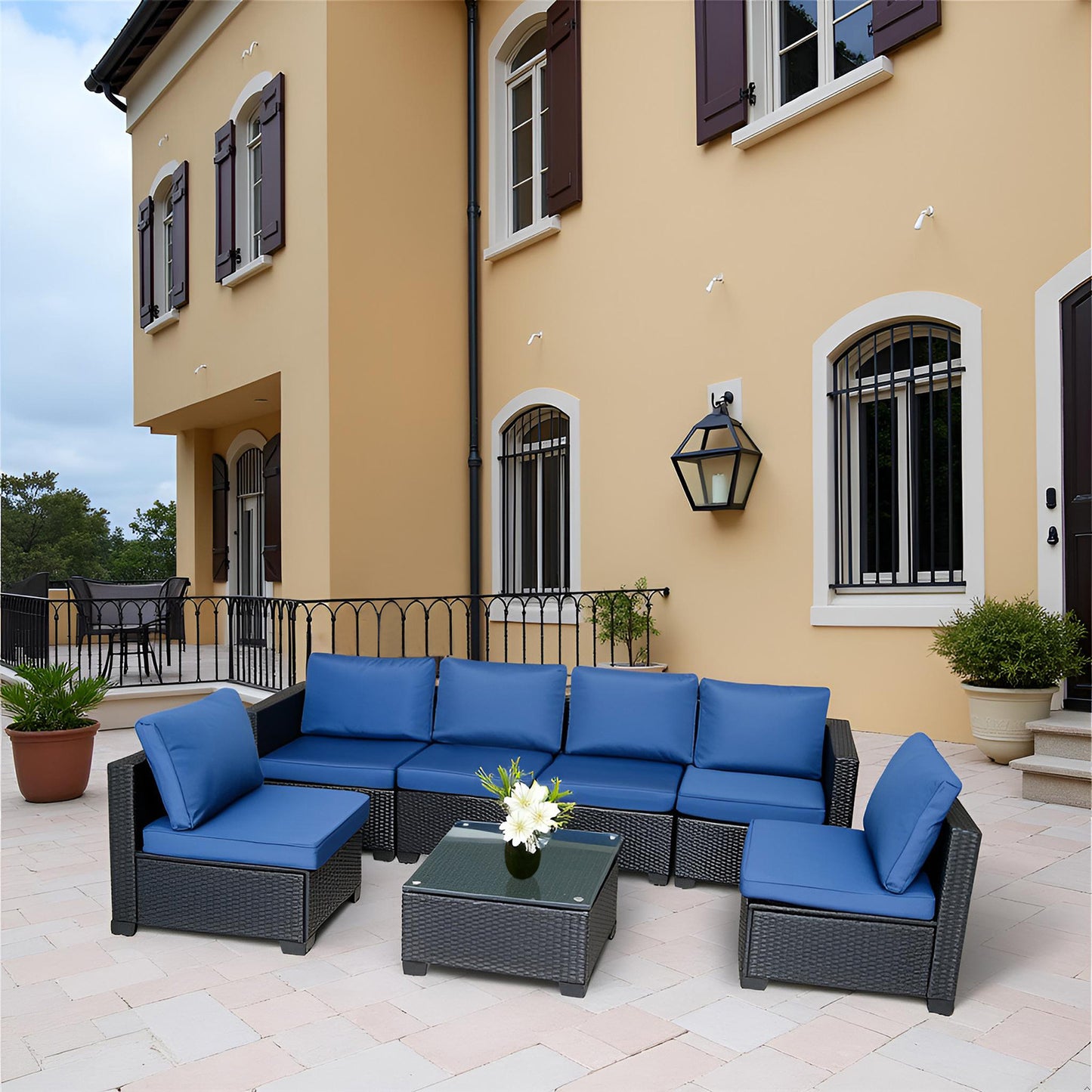 US Local Seven-Piece Sofa Set Table With Sofa Chair Black PE Rattan Outdoor Furniture 7-JH001 Box 3-1-2-3 With Blue Color Cushion