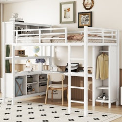 US Local Metal Loft Bed With Wardrobe And L-shaped Desk, Full Size Loft Bed With Storage Cubes And Shelves, Heavy Duty Loft Bed For Kids Teens Adults