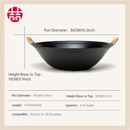 US Local WANGYUANJI 14.2 Handmade Wok, Cast Iron Wok Pan, Large Flat Bottom Wok Stir With Dual Handle And Wooden Lid, Suitable For All Cooktops, Uncoated Chinese Traditional Wok