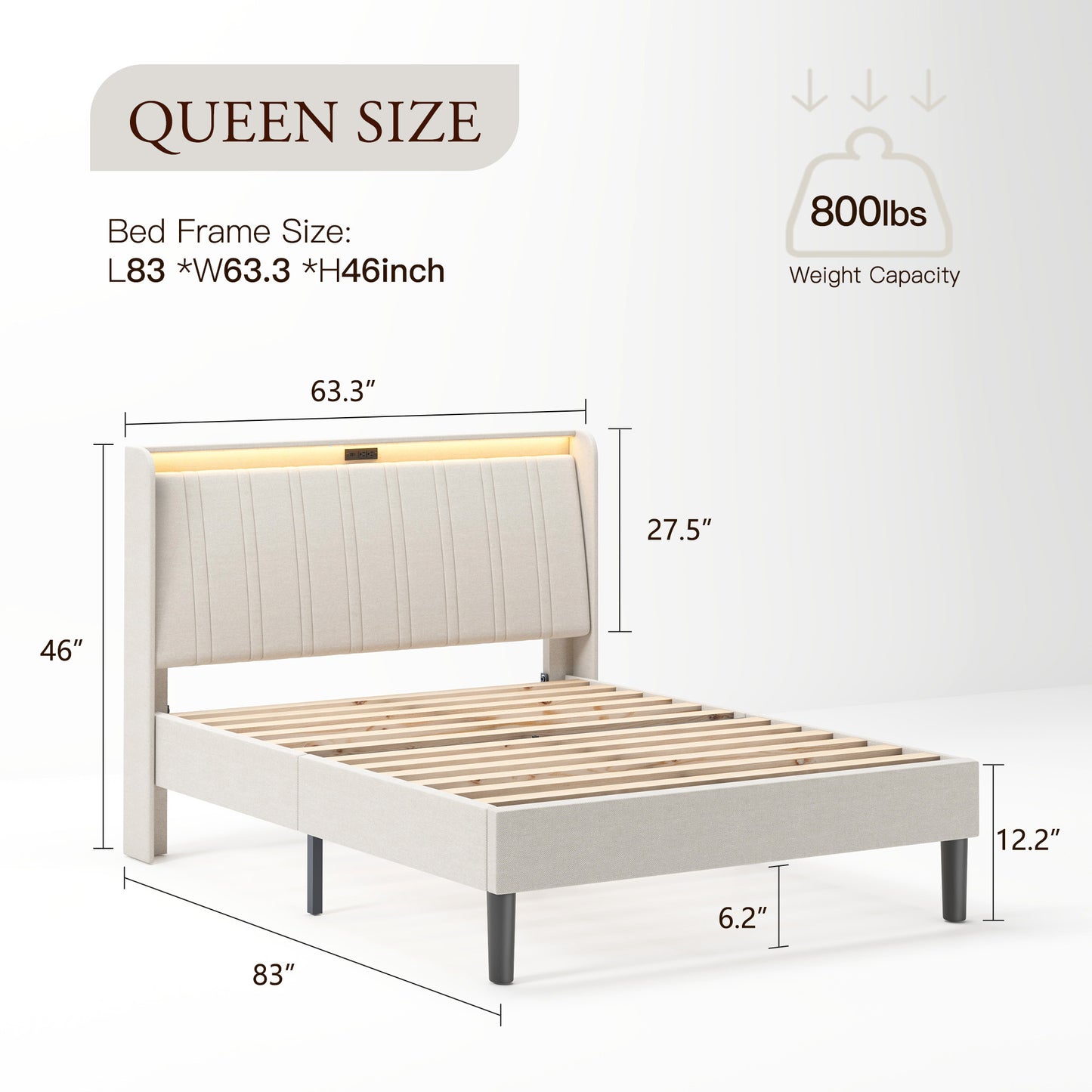 US Local Platform Bed Frame With Fabric Upholstered Headboard And Wooden Slats Support, Fully Upholstered Mattress