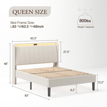 US Local Platform Bed Frame With Fabric Upholstered Headboard And Wooden Slats Support, Fully Upholstered Mattress