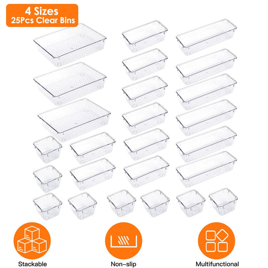 US Local 25Pcs Clear Plastic Drawer Organizers Set 4 Sizes Desk Drawer Dividers Trays Storage Bins For Vanity Cabinet Makeup Bathroom Office Kitchen Bedroom Jewelry