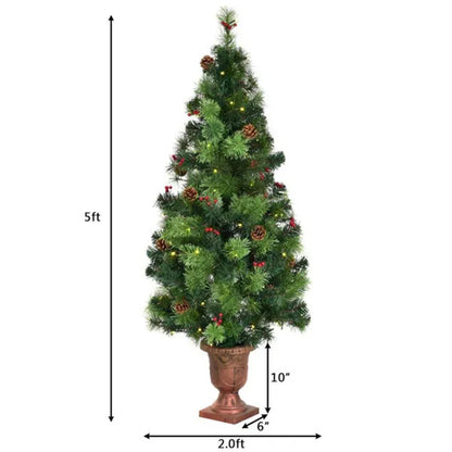 US Local 5 ft Pre-Lit Artificial Christmas Tree - 100 Clear LED Lights 260 Tips PVC Red Berries Pine Cones UL Adapter