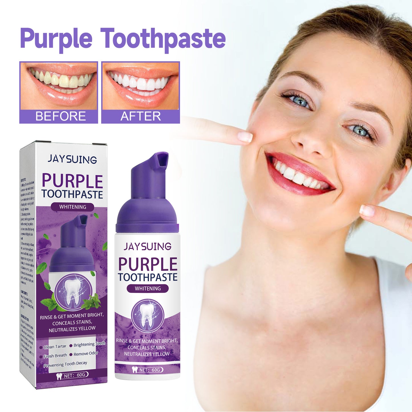 US Local Jaysuing Purple Tooth Whitening Toothpaste, Brightens Teeth Cleans Stains And Relieves Bad Breath Beautiful Teeth Toothpaste