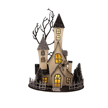 US Local 10x8.3x13.5 Cardboard Lighted Haunted House, Black Beige Tabletop Holiday Halloween Decor, Battery Powered