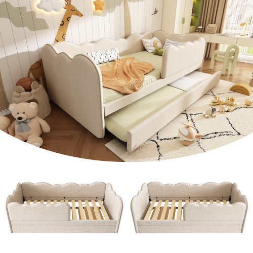 UK Local Upholstered Bed Daybed 90 X 190 Cm, 3FT Single Bed With Pull Out Trundle, Sofa Bed For Adults And Children, Single Daybed With Slatted Frame, Velvet, Pink No Mattress