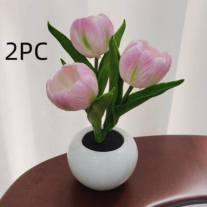 LED Tulip Night Light Simulation Flower Table Lamp Home Room Decoration Atmosphere Lamp Romantic Potted Gift For Office LED Lights