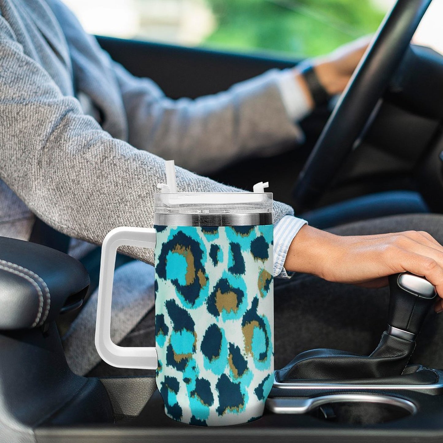 PHDT00417 POD US Local Tumbler 40 oz Large Capacity Car Cup Peacock Blue Leopard
