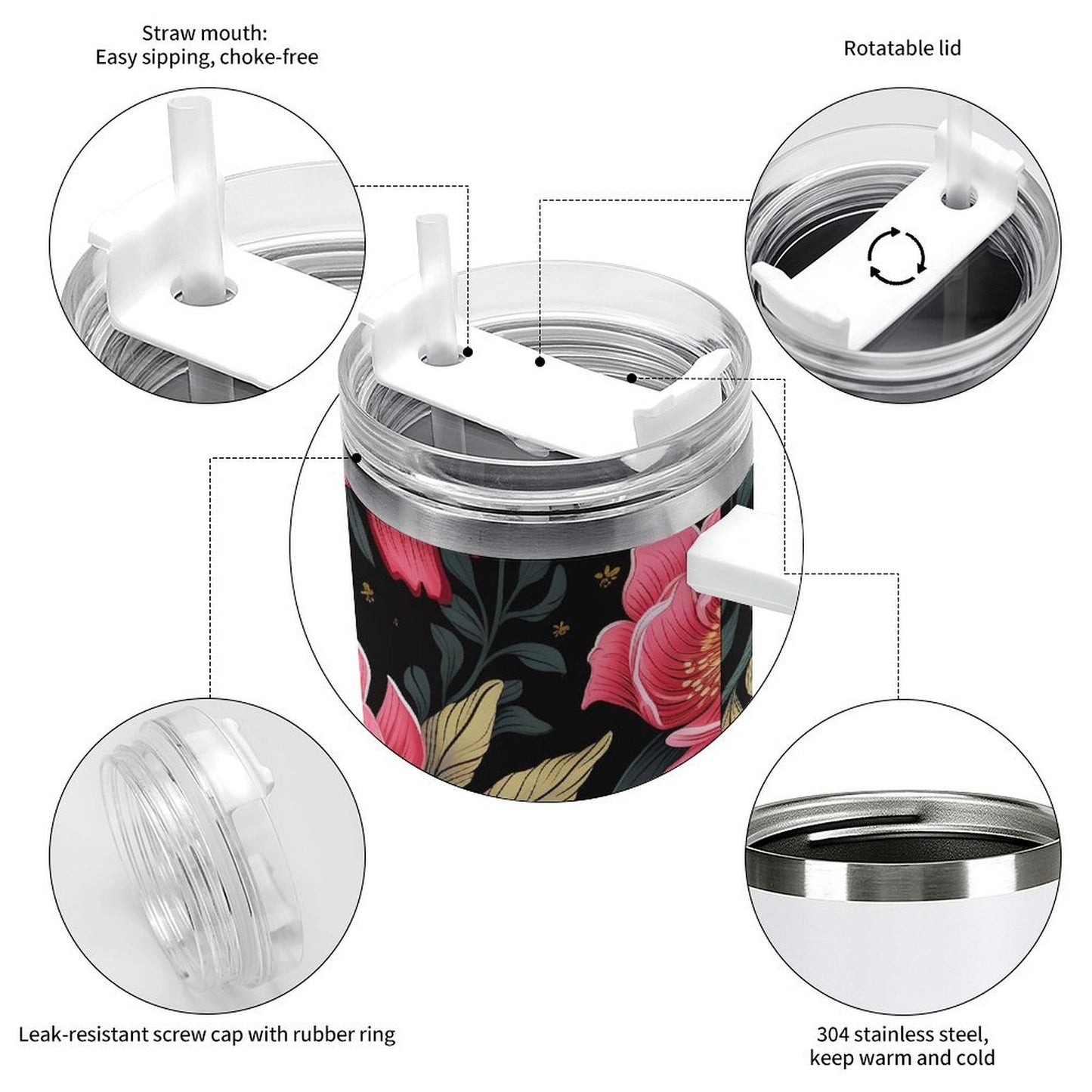 PHDT00439 POD US Local Tumbler 40 oz Large Capacity Car Cup Red Flower