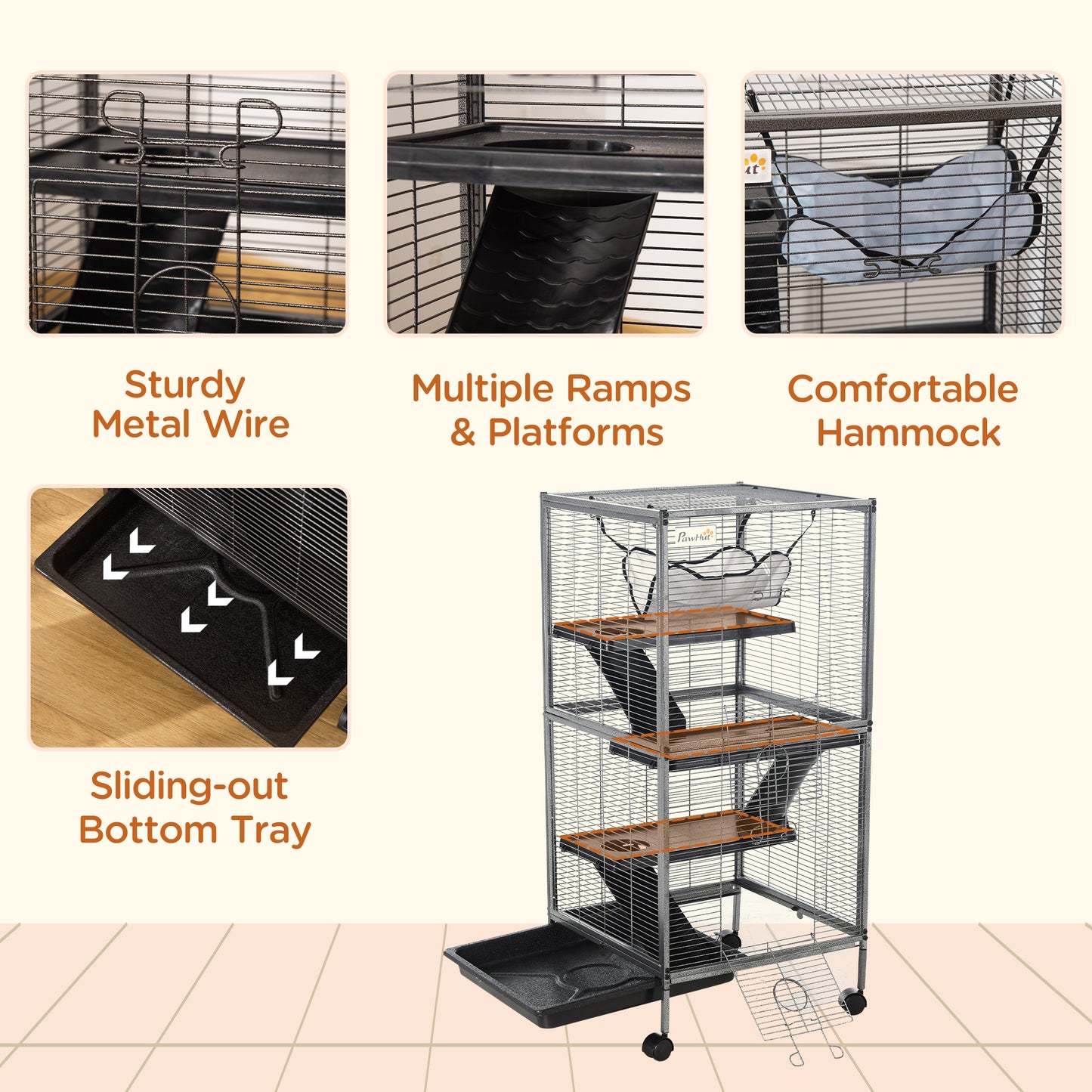 US Local Large Metal 4 Tiers Small Animal Cage With Hammock, Removable Tray, Extra Space For Ferrets Chinchillas, Gray