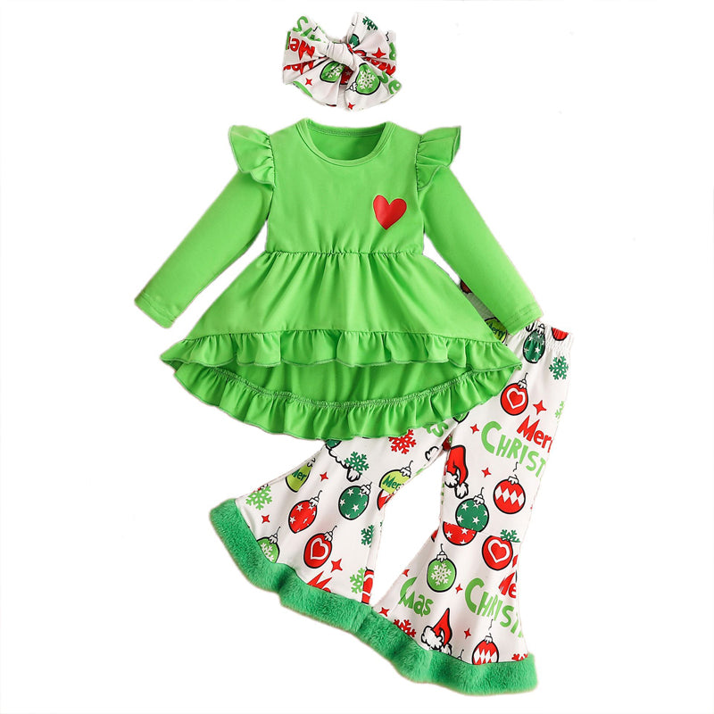 US Local Toddler Girl's 2-Piece Set Round Neck Long Sleeve Ruffle Hem Tunic Top & Print Flare Pants For Spring & Fall