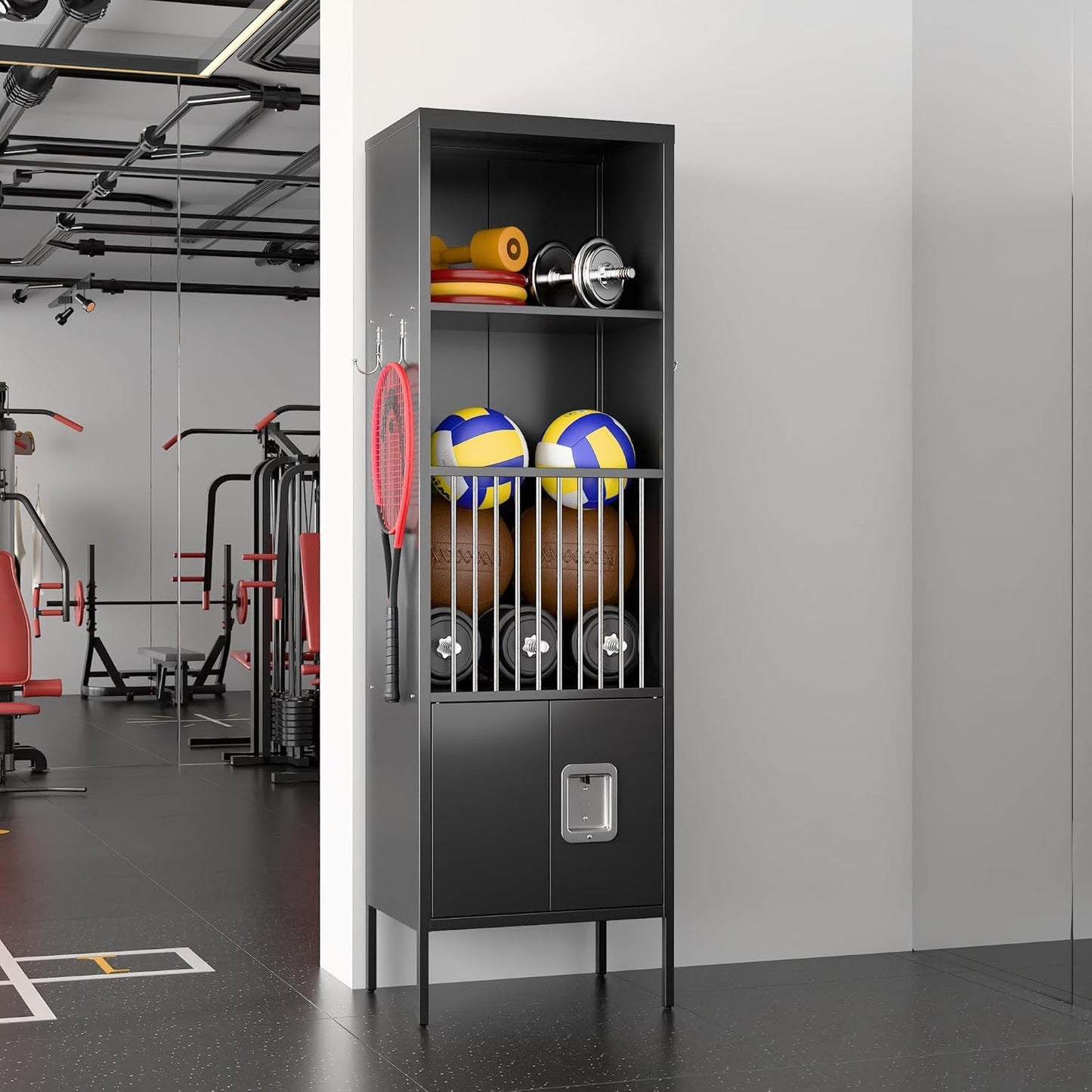 US Local Metal Sports Fence Locker Is Suitable For School,Storage Locker With Hooks & Lock Door,Storage Sports Equipment For Gym, Ball Park,Stadium,Garage,Assembly Required,Black