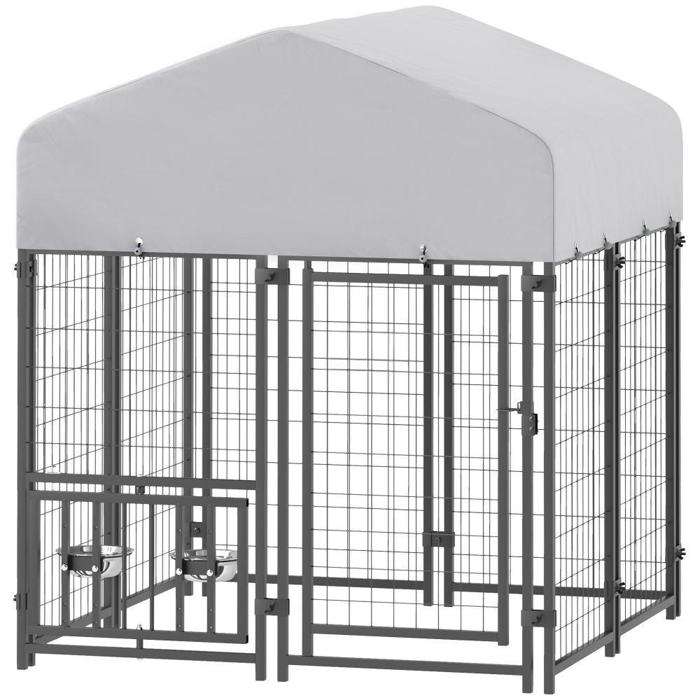 US Local Welded Wire Outdoor Dog Kennel With 360 Rotating & 4 Levels Adjustable Bowls, Waterproof Cover, 3.9 X 3.9 X 4.5