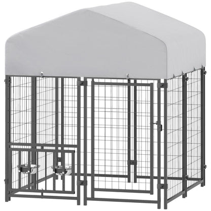 US Local Welded Wire Outdoor Dog Kennel With 360 Rotating & 4 Levels Adjustable Bowls, Waterproof Cover, 3.9 X 3.9 X 4.5