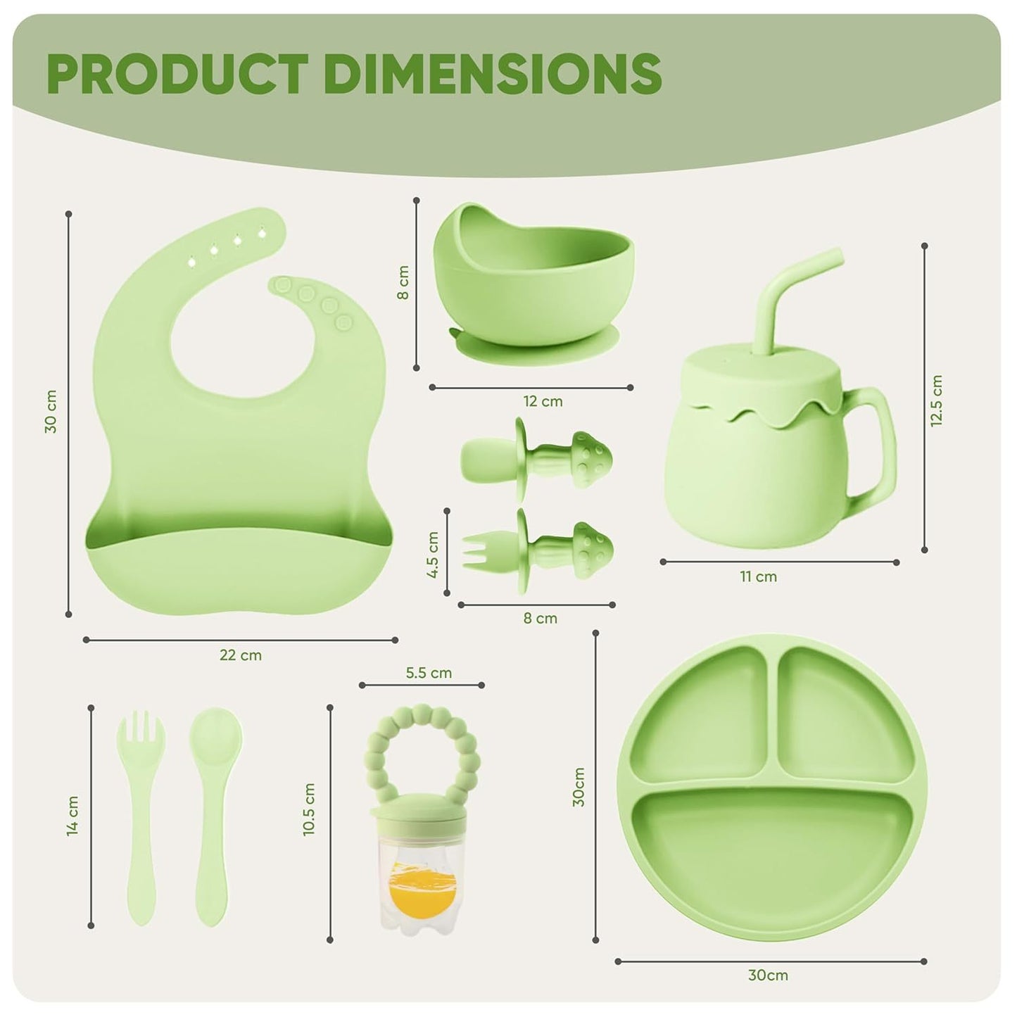 US Local SiIicone Baby Feeding Set With Suction, 10 Pcs Baby Led Weaning Supplies With Suction Bowl Divided Plate Adjustable Soft Bib Spoon Fork Snack Cup With Lid And Other Utensils, Green