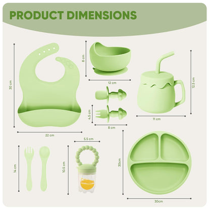 US Local SiIicone Baby Feeding Set With Suction, 10 Pcs Baby Led Weaning Supplies With Suction Bowl Divided Plate Adjustable Soft Bib Spoon Fork Snack Cup With Lid And Other Utensils, Green