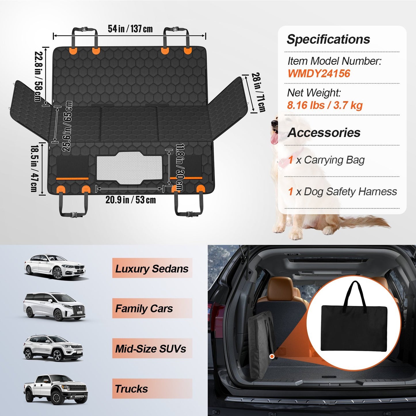 US Local VEVOR 54 X 25.6 In Dog Car Seat Cover For Back Seat Waterproof 600D For Cars