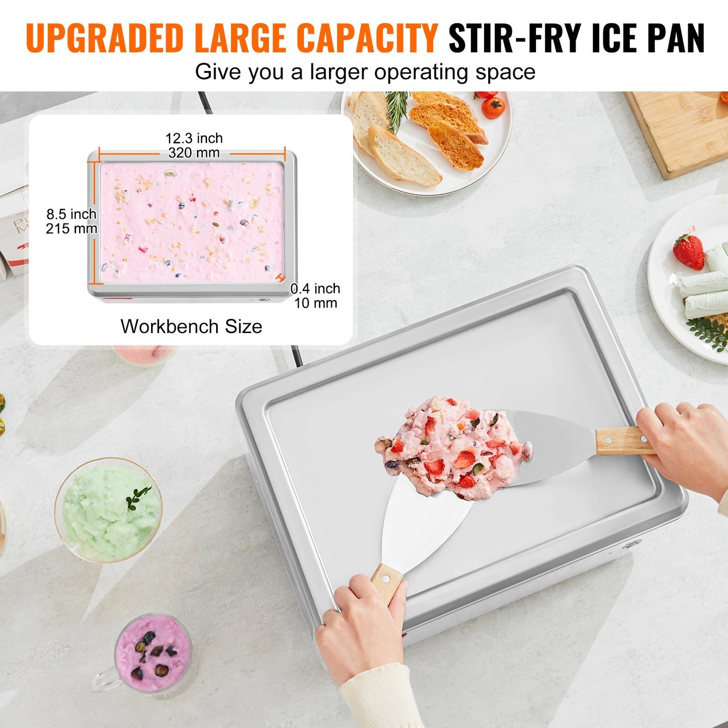 US Local Fried Ice Cream Roll Machine, 19.3" X 14.9" Stir-Fried Ice Cream Pan, Stainless Steel Rolled Ice Cream Maker With Compressor And 2 Scrapers, For Making Ice Cream, Frozen Yogurt, Ice Cream Rolls