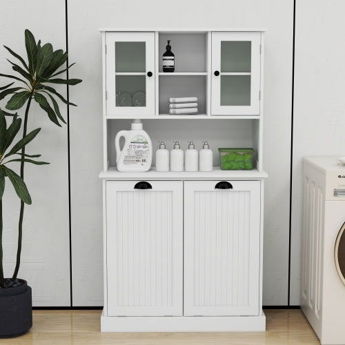 US Local Two Compartment Inclined Dirty Laundry Basket High Bathroom Cabinet