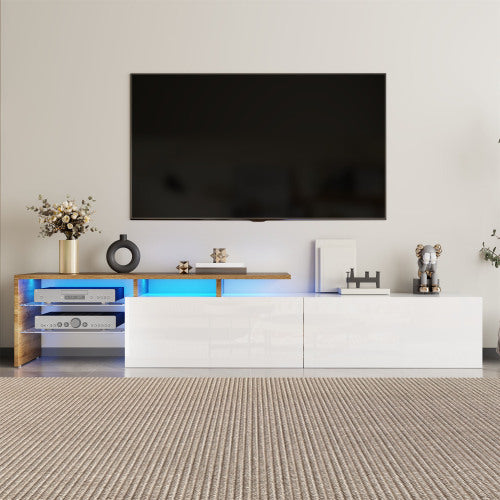 UK Local Modern TV Cabinet Design Stylish And Elegant, Practical Storage Space, Black And Wood Look, Glass Shelves, LED Lighting