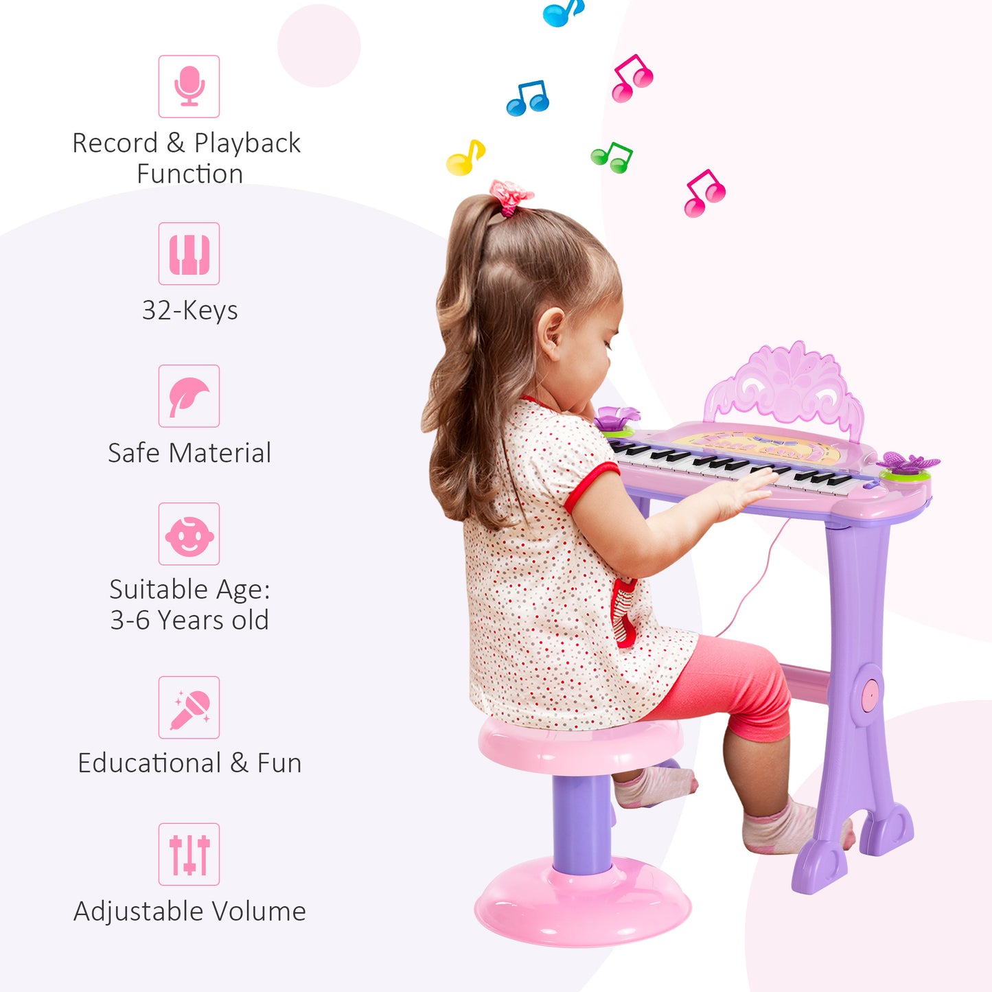 US Local 37-Key Kids Princess Electronic Piano Toddler Toy Keyboard with Stool