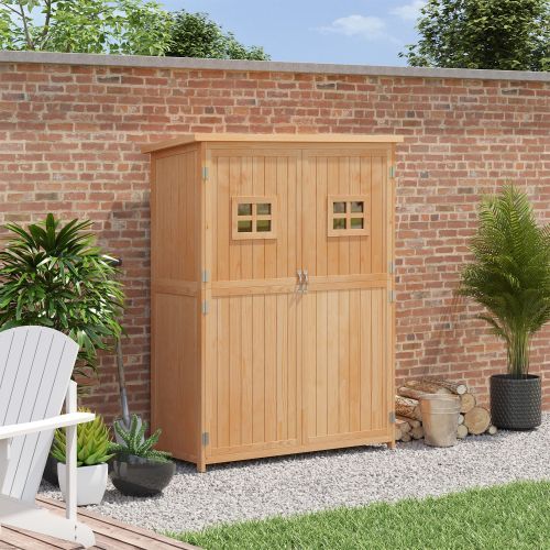 UK Local Outsunny Wooden Garden Shed With Two Windows, Tool Storage Cabinet, Outdoor Double Door Organizer 127.5L X 50W X 164H Cm, Natural