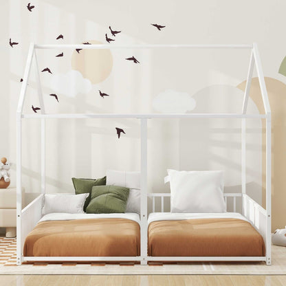 US Local Metal Twin Size House Platform Beds, Two Shared Beds, White