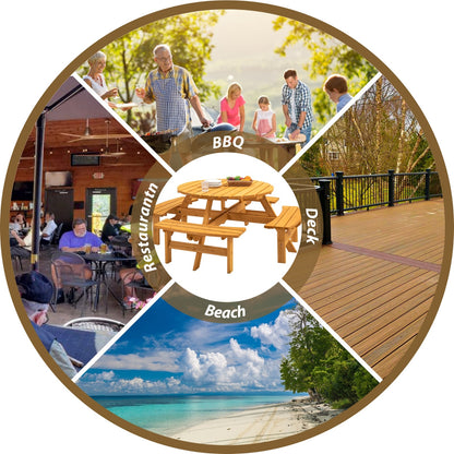US Local 8 Person Wooden Picnic Table Outdoor Camping With 4 Built-in Benches