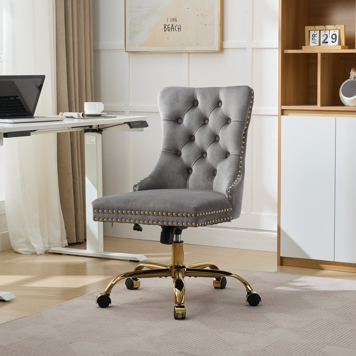 US Local A&A Furniture Office Chair,Modern Velvet Upholstered Tufted Button Home Office Chair With Golden Metal Base,Adjustable Desk Chair Swivel Office Chair Gray